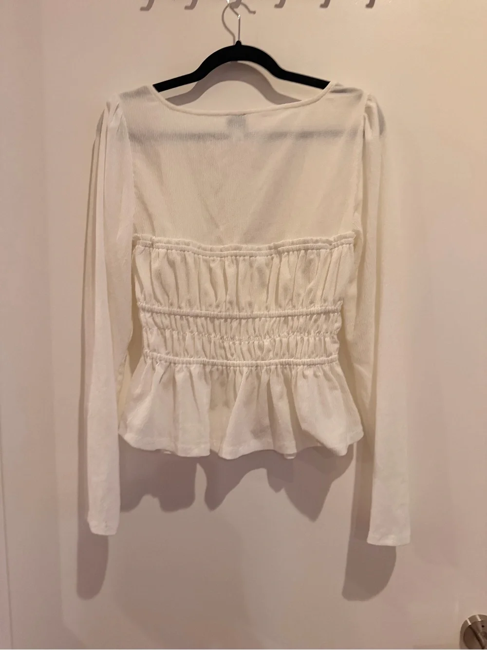 Anthropologie White Smocked Peplum Long Sleeve Blouse